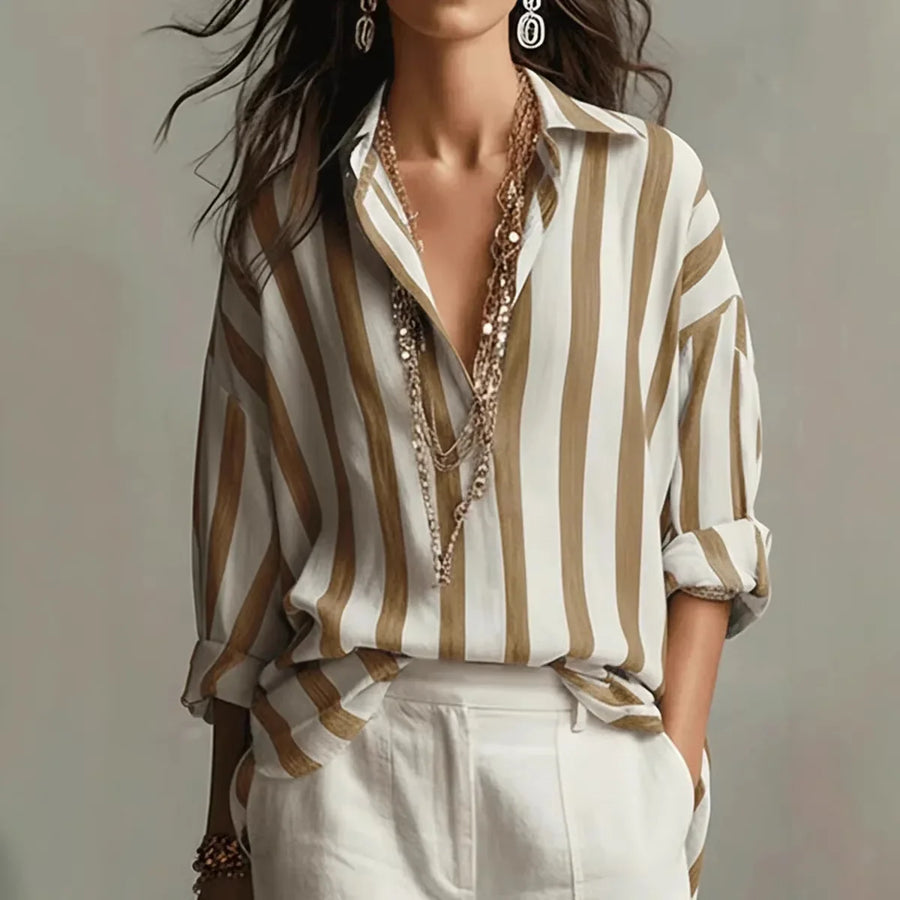 Relaxed Striped Linen Blouse with Collared Neckline and Long Sleeves