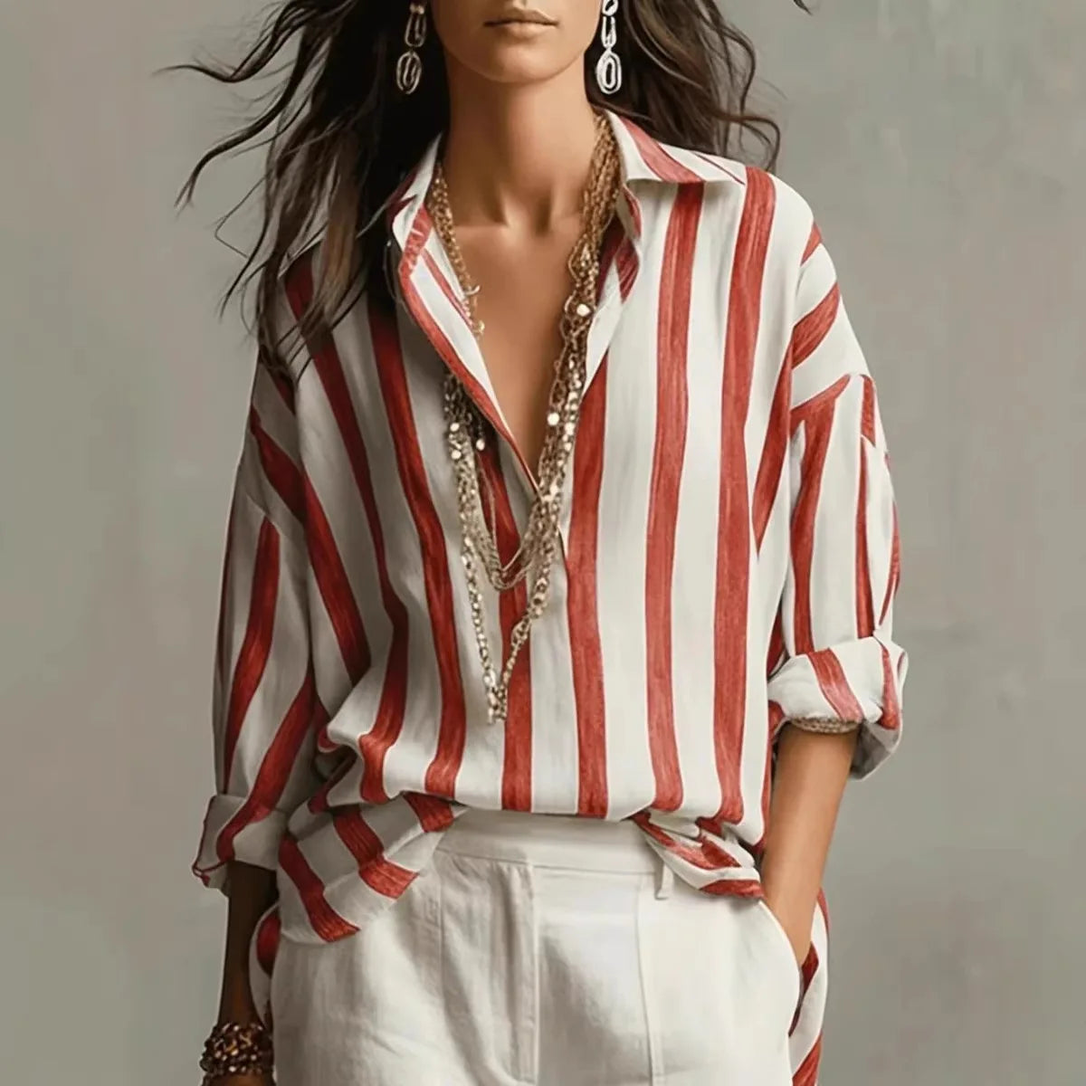 Relaxed Striped Linen Blouse with Collared Neckline and Long Sleeves