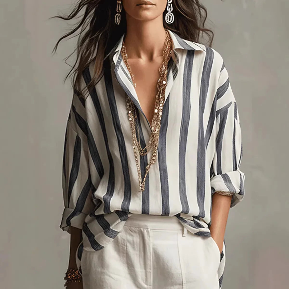 Relaxed Striped Linen Blouse with Collared Neckline and Long Sleeves