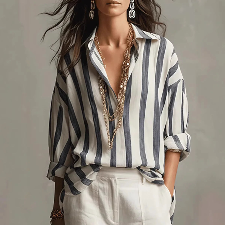 Relaxed Striped Linen Blouse with Collared Neckline and Long Sleeves