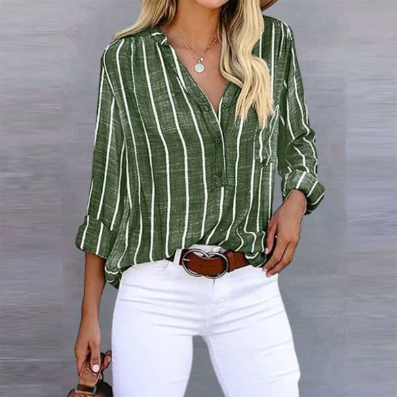 Relaxed Striped Linen Blouse with V-Neckline and Long Sleeves