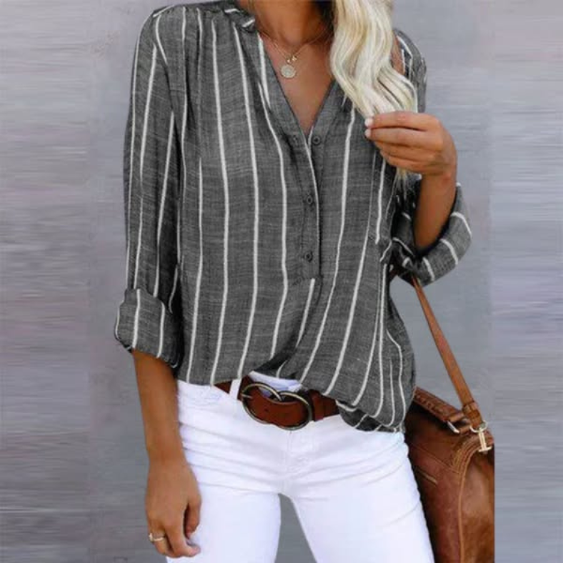 Relaxed Striped Linen Blouse with V-Neckline and Long Sleeves
