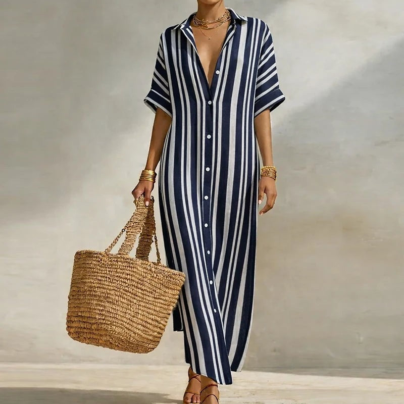 Relaxed Striped Linen Shirt Maxi Dress with Short Sleeves