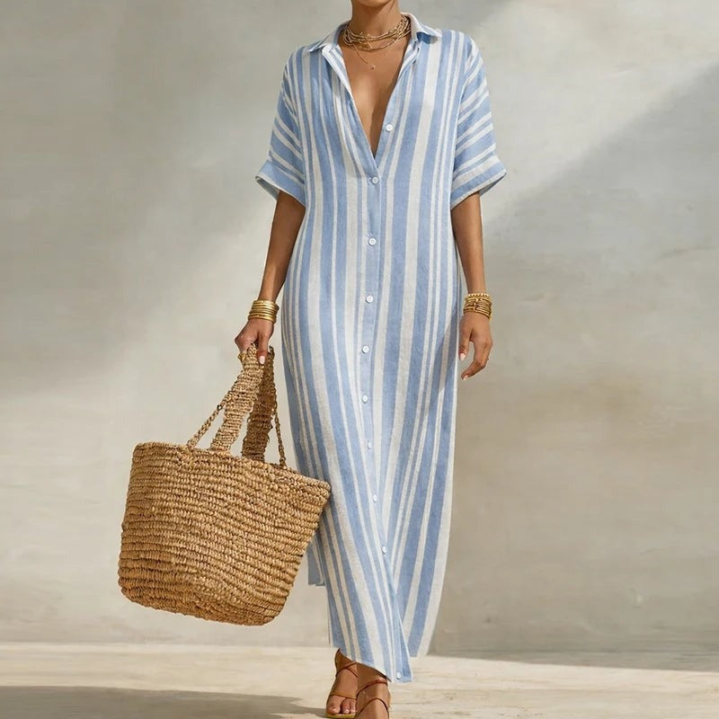Relaxed Striped Linen Shirt Maxi Dress with Short Sleeves
