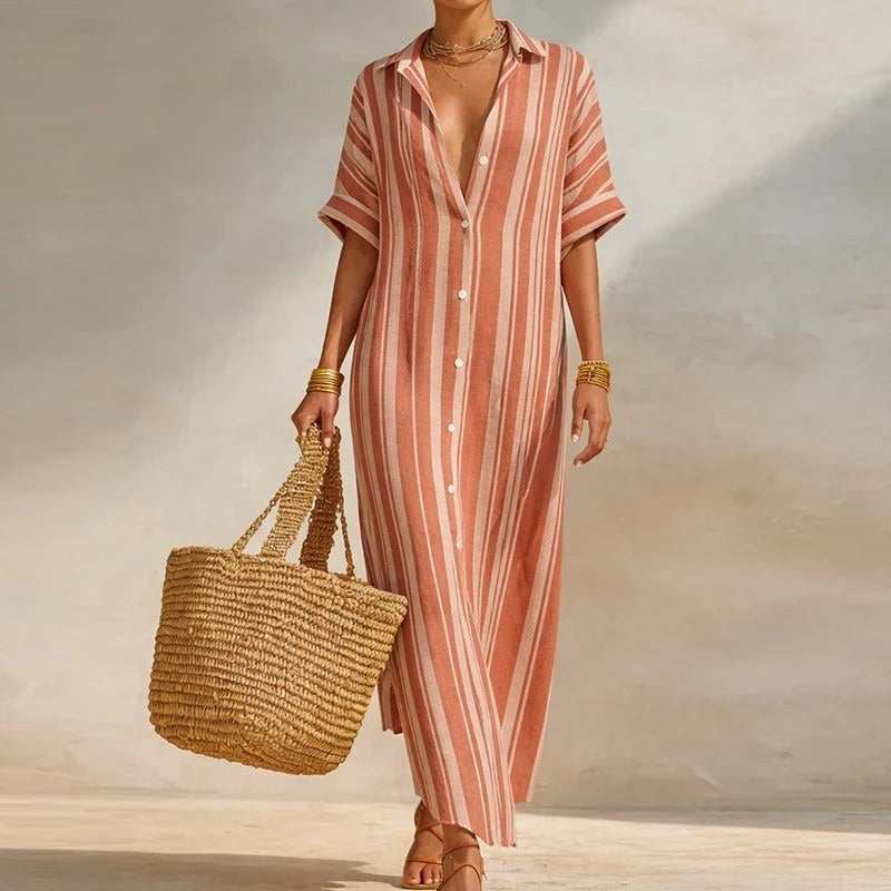 Relaxed Striped Linen Shirt Maxi Dress with Short Sleeves