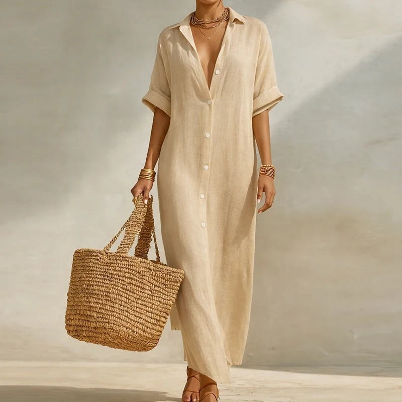 Relaxed Striped Linen Shirt Maxi Dress with Short Sleeves