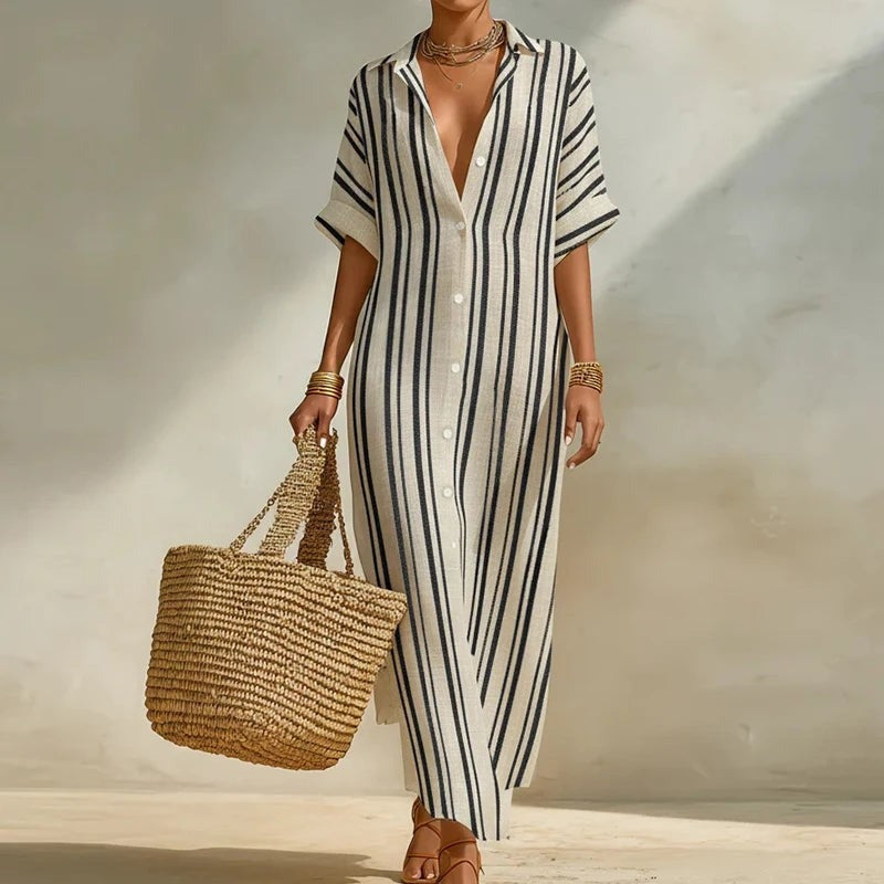 Relaxed Striped Linen Shirt Maxi Dress with Short Sleeves