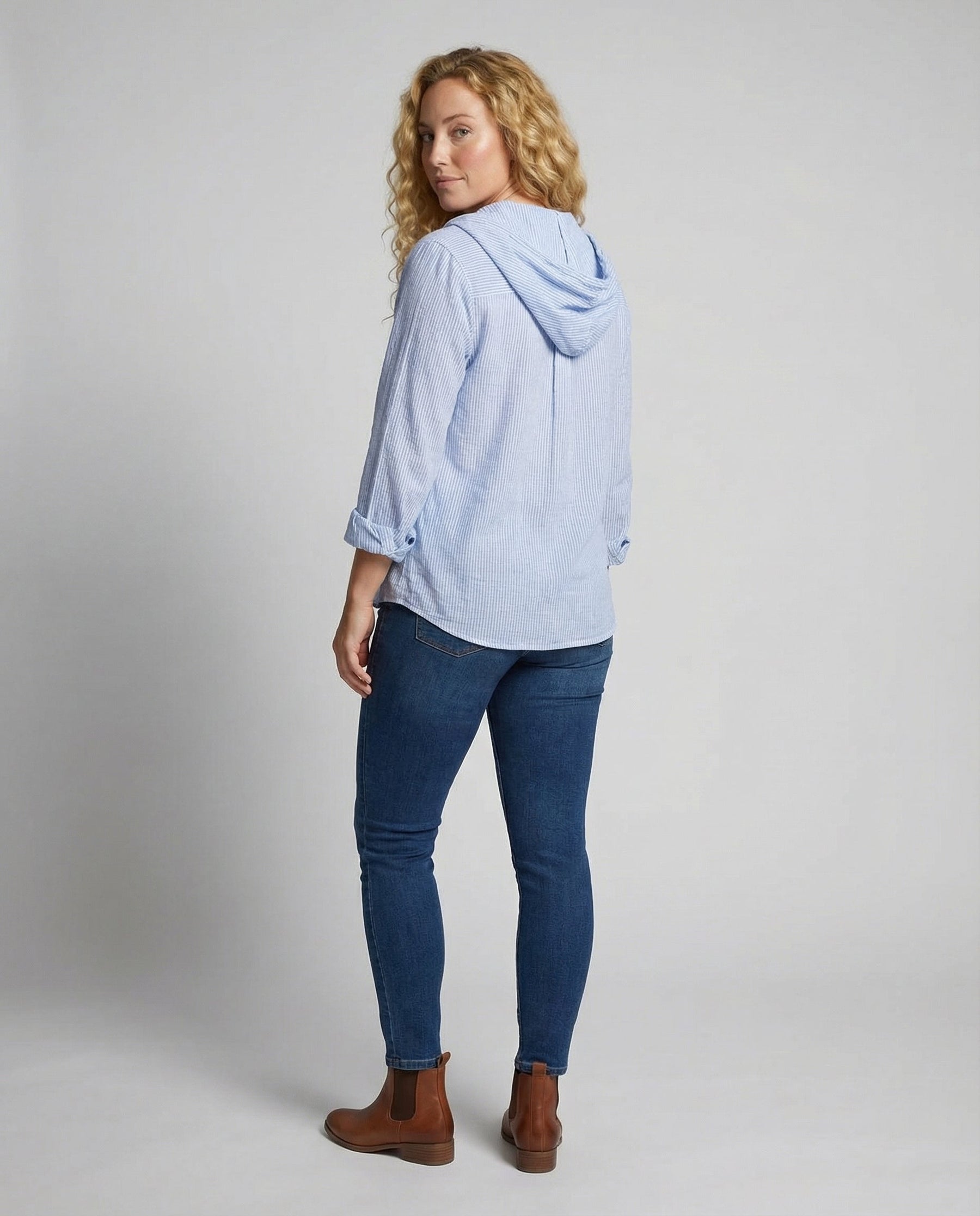 Relaxed Striped Linen Shirt with Hood and Button Front