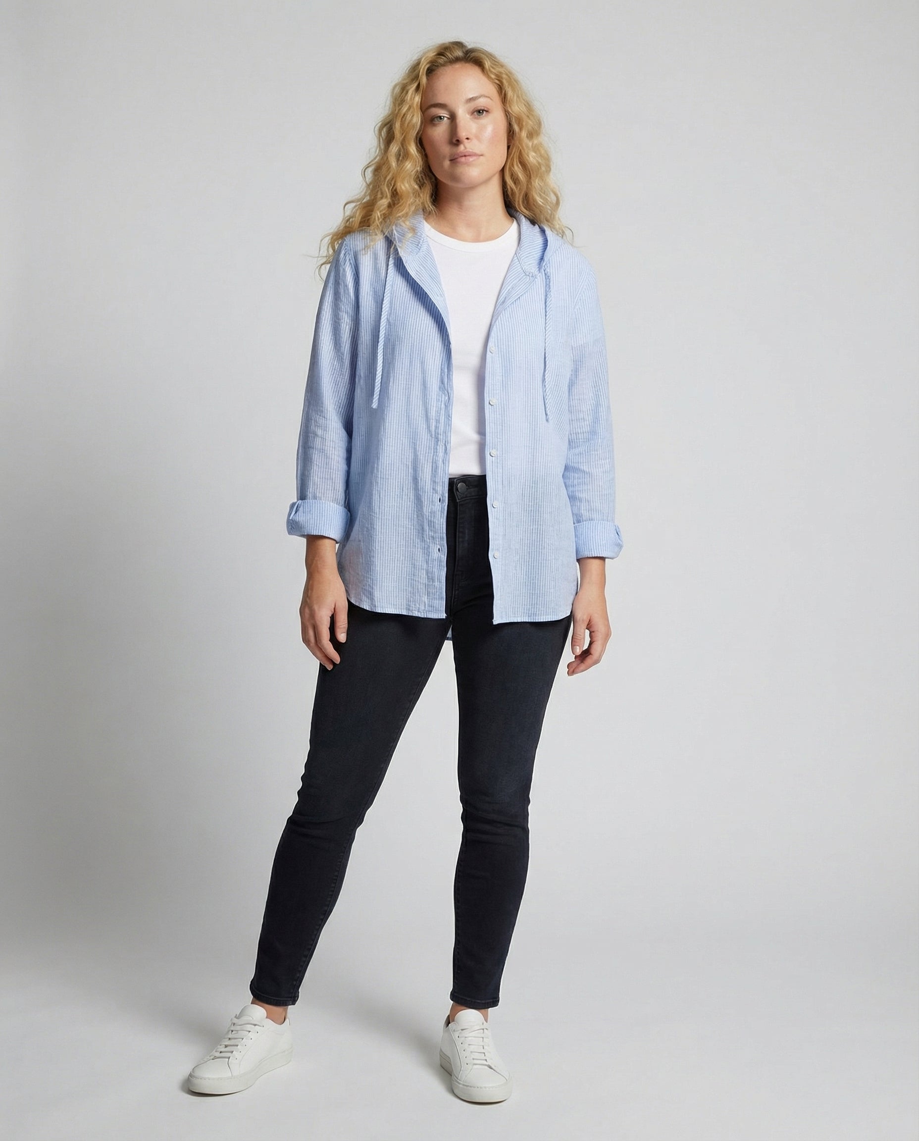 Relaxed Striped Linen Shirt with Hood and Button Front