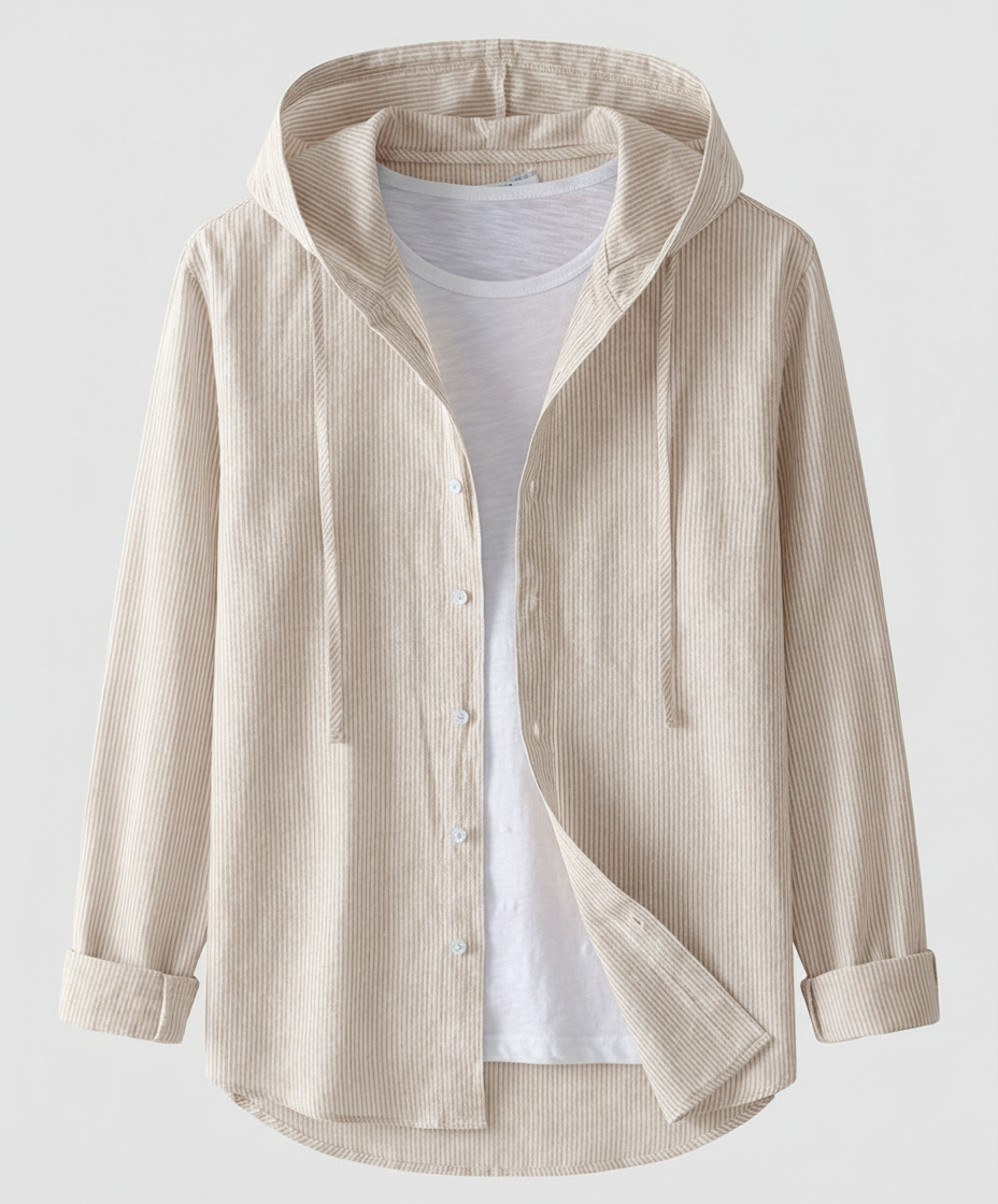 Relaxed Striped Linen Shirt with Hood and Button Front