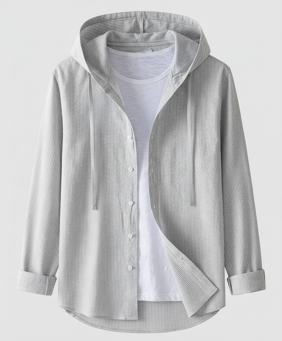 Relaxed Striped Linen Shirt with Hood and Button Front