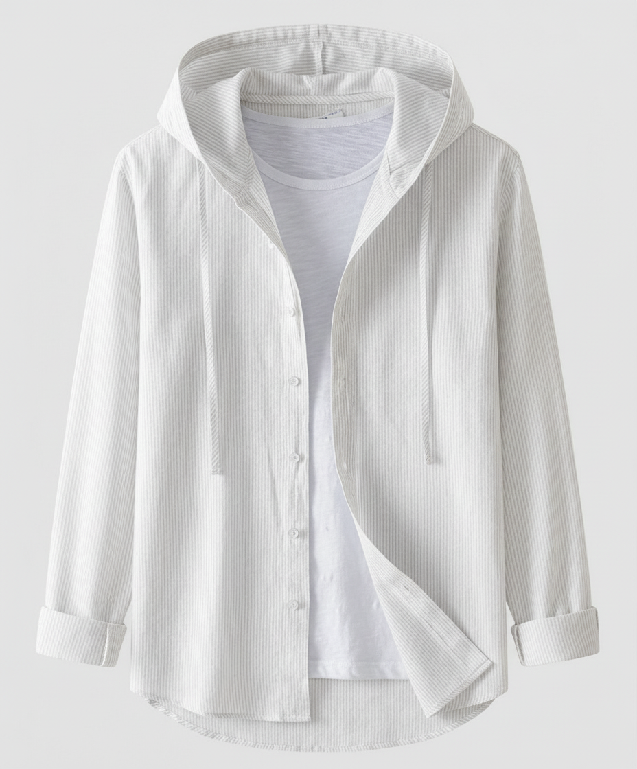 Relaxed Striped Linen Shirt with Hood and Button Front