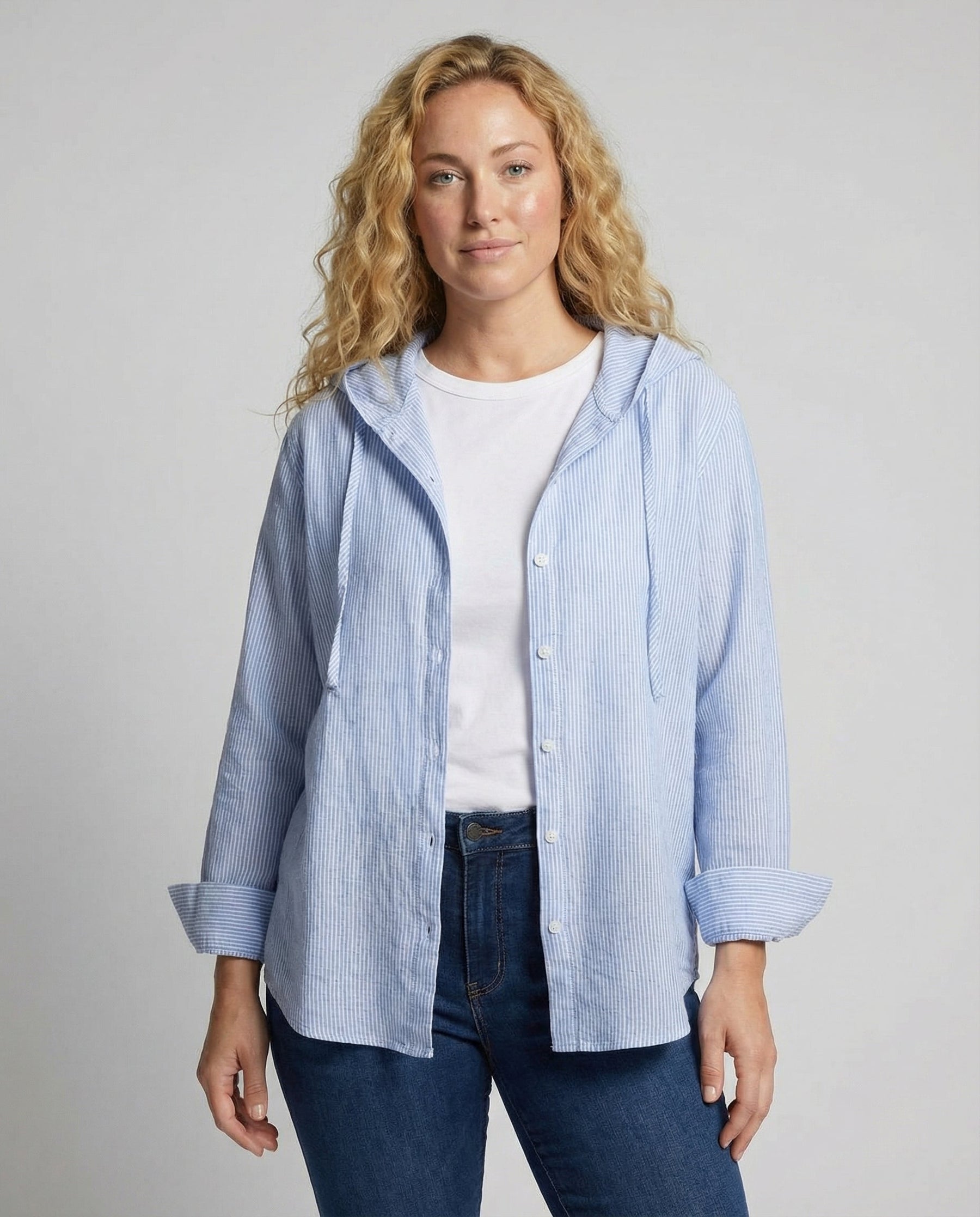 Relaxed Striped Linen Shirt with Hood and Button Front