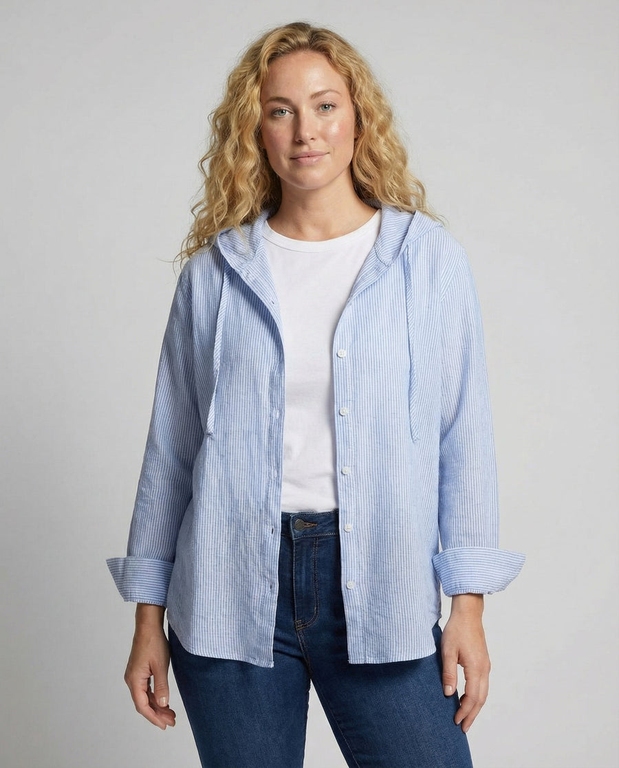 Relaxed Striped Linen Shirt with Hood and Button Front