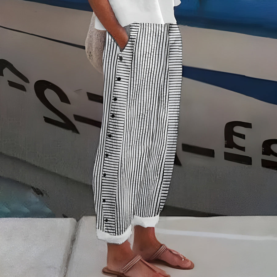Relaxed Striped Linen Trousers with Button Detail and Side Pockets
