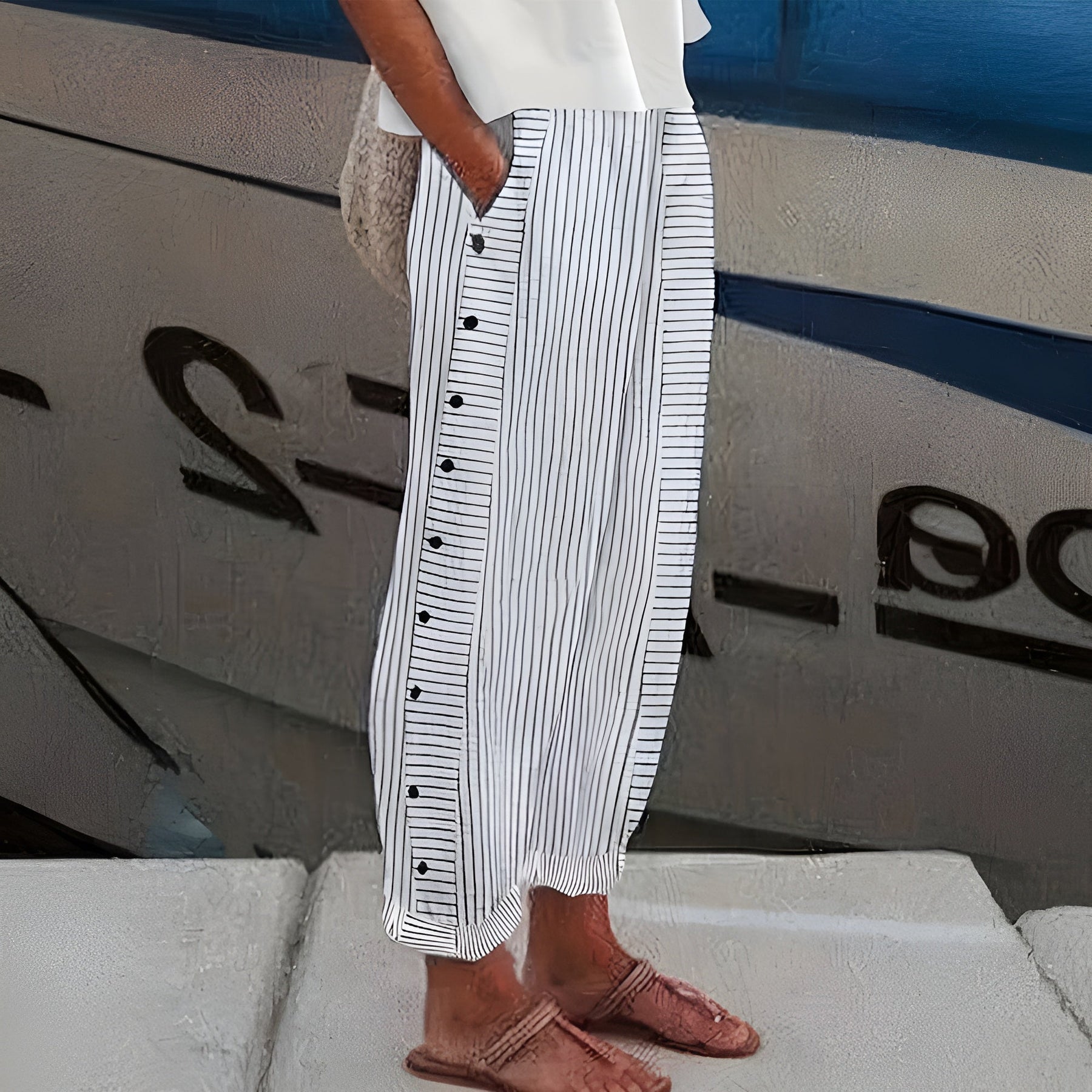 Relaxed Striped Linen Trousers with Button Detail and Side Pockets