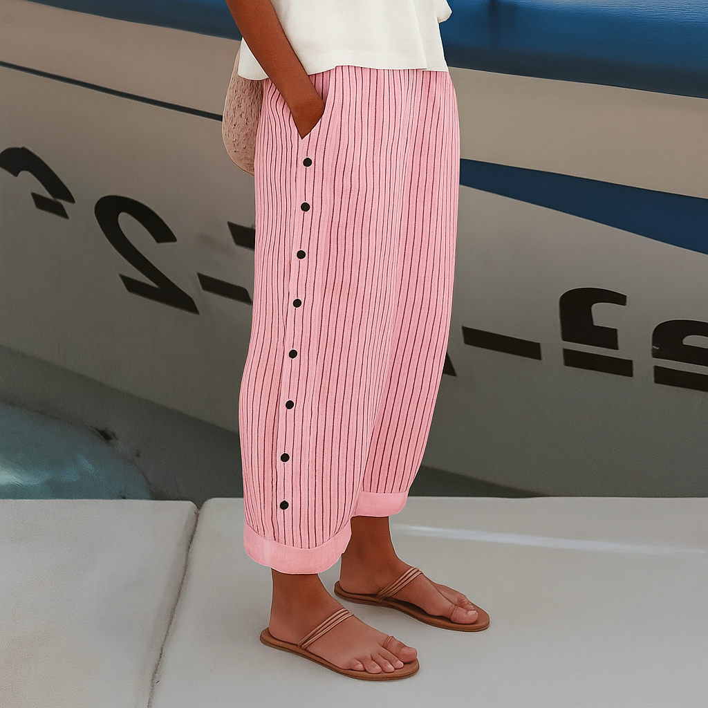 Relaxed Striped Linen Trousers with Button Detail and Side Pockets