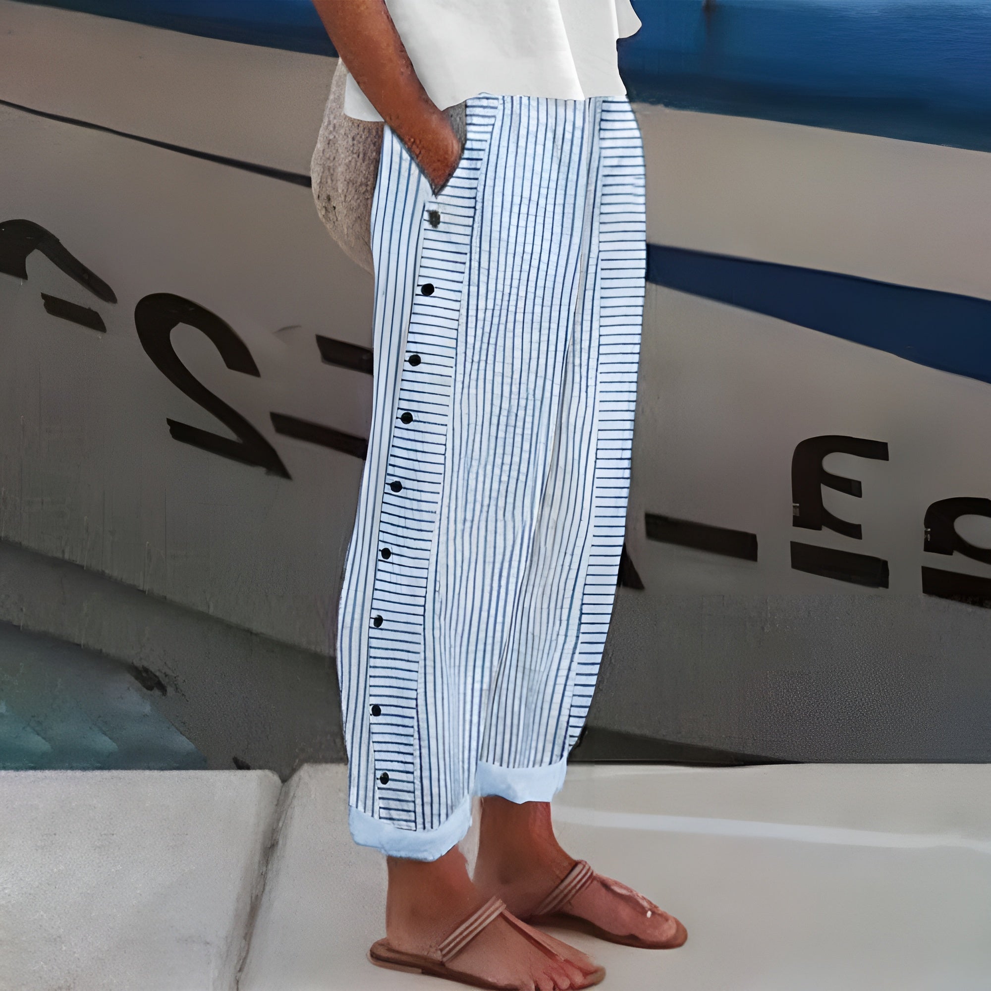 Relaxed Striped Linen Trousers with Button Detail and Side Pockets