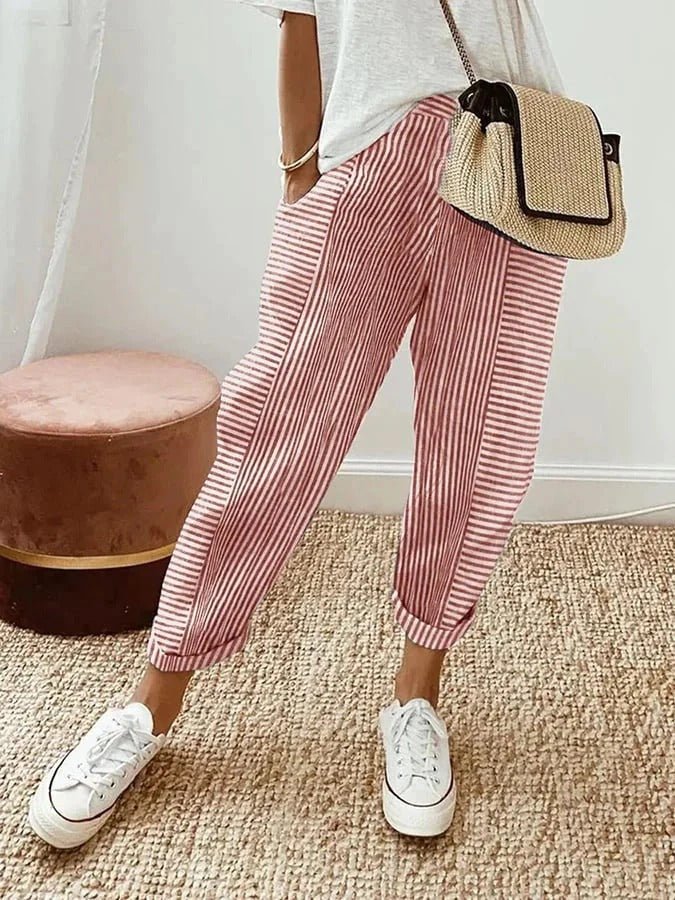 Relaxed Striped Linen Trousers with Elasticated Waist and Tapered Leg