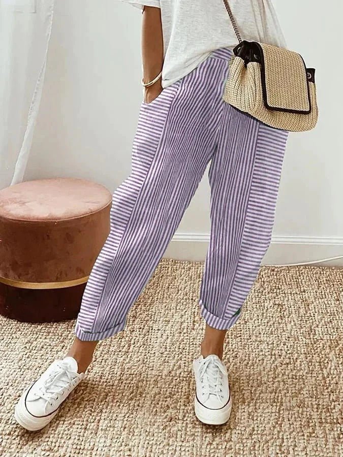 Relaxed Striped Linen Trousers with Elasticated Waist and Tapered Leg