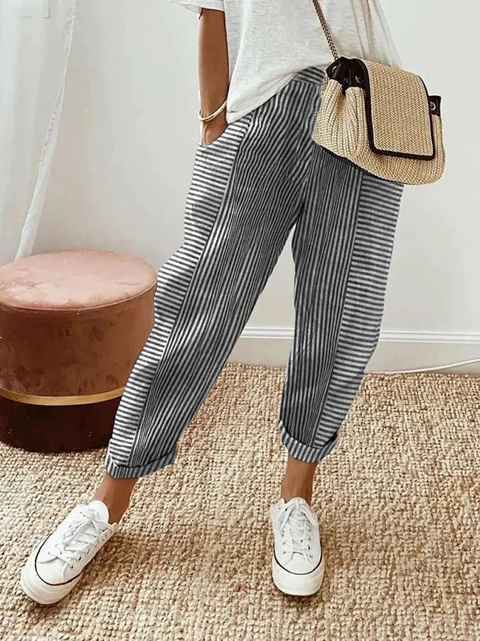 Relaxed Striped Linen Trousers with Elasticated Waist and Tapered Leg