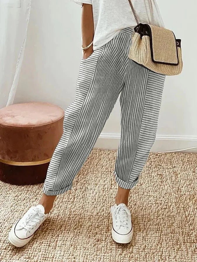 Relaxed Striped Linen Trousers with Elasticated Waist and Tapered Leg