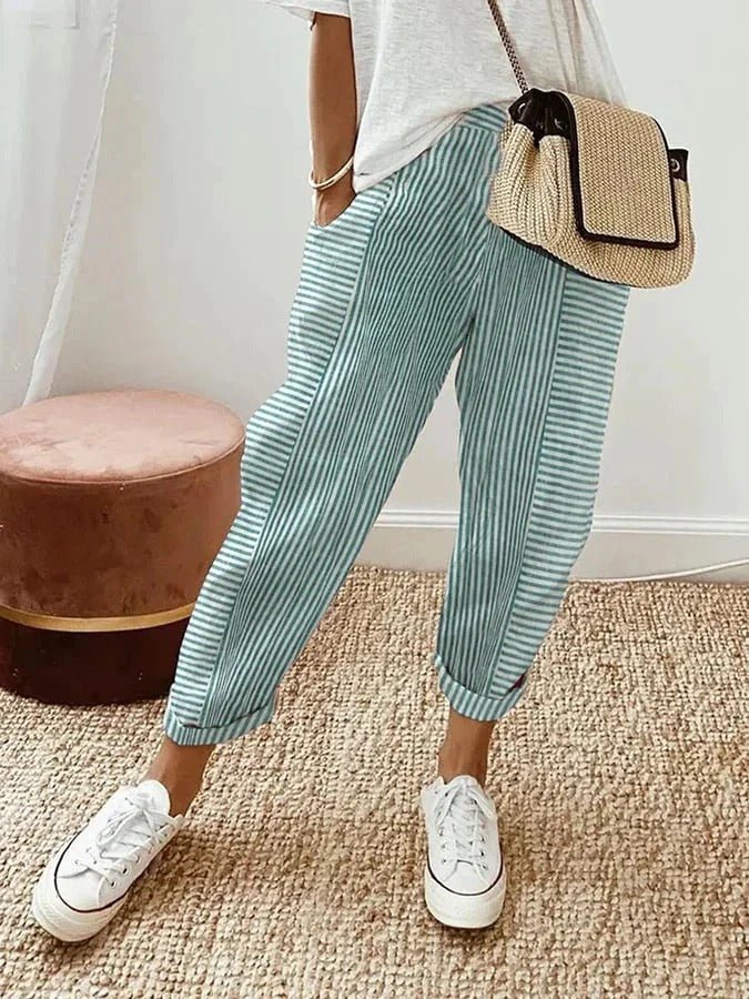 Relaxed Striped Linen Trousers with Elasticated Waist and Tapered Leg