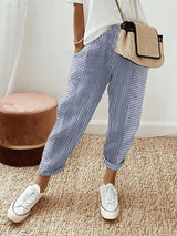 Relaxed Striped Linen Trousers with Elasticated Waist and Tapered Leg