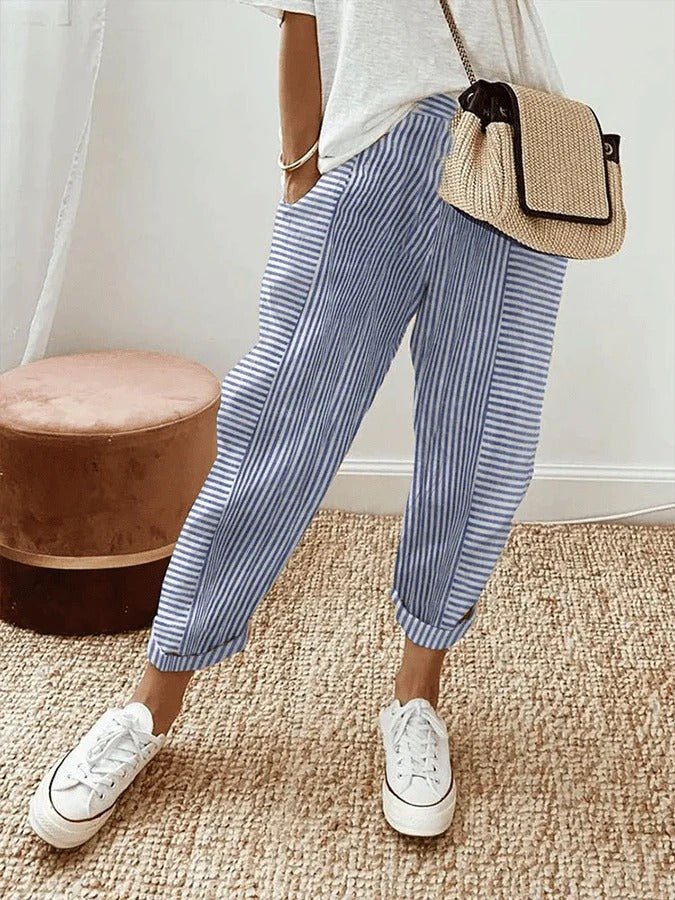 Relaxed Striped Linen Trousers with Elasticated Waist and Tapered Leg