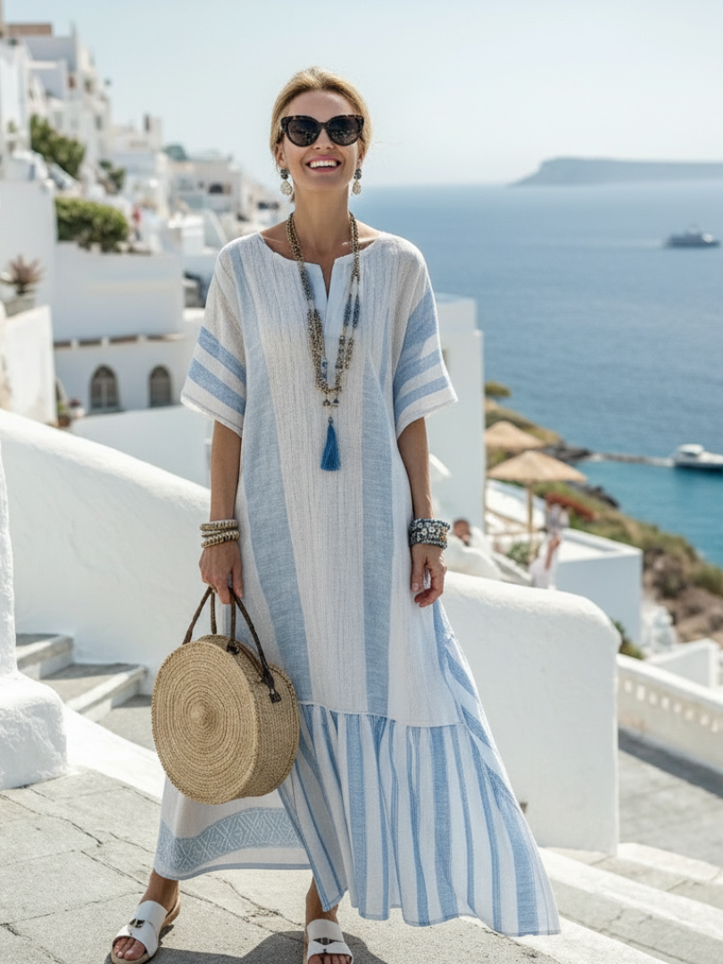Relaxed Striped Maxi Dress with Tiered Hem and Short Sleeves
