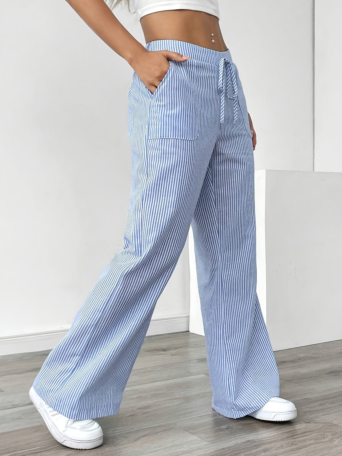 Relaxed Striped Wide Leg Linen Trousers with Drawstring Waist and Patch Pockets