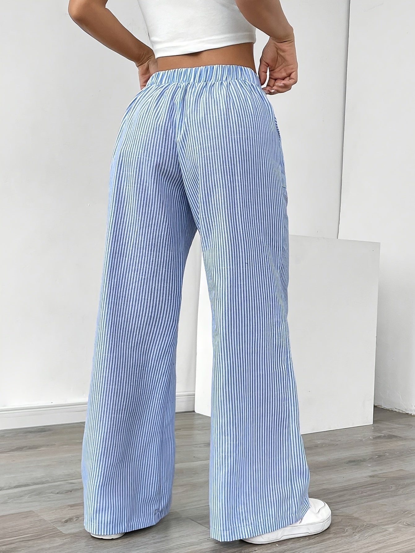 Relaxed Striped Wide Leg Linen Trousers with Drawstring Waist and Patch Pockets