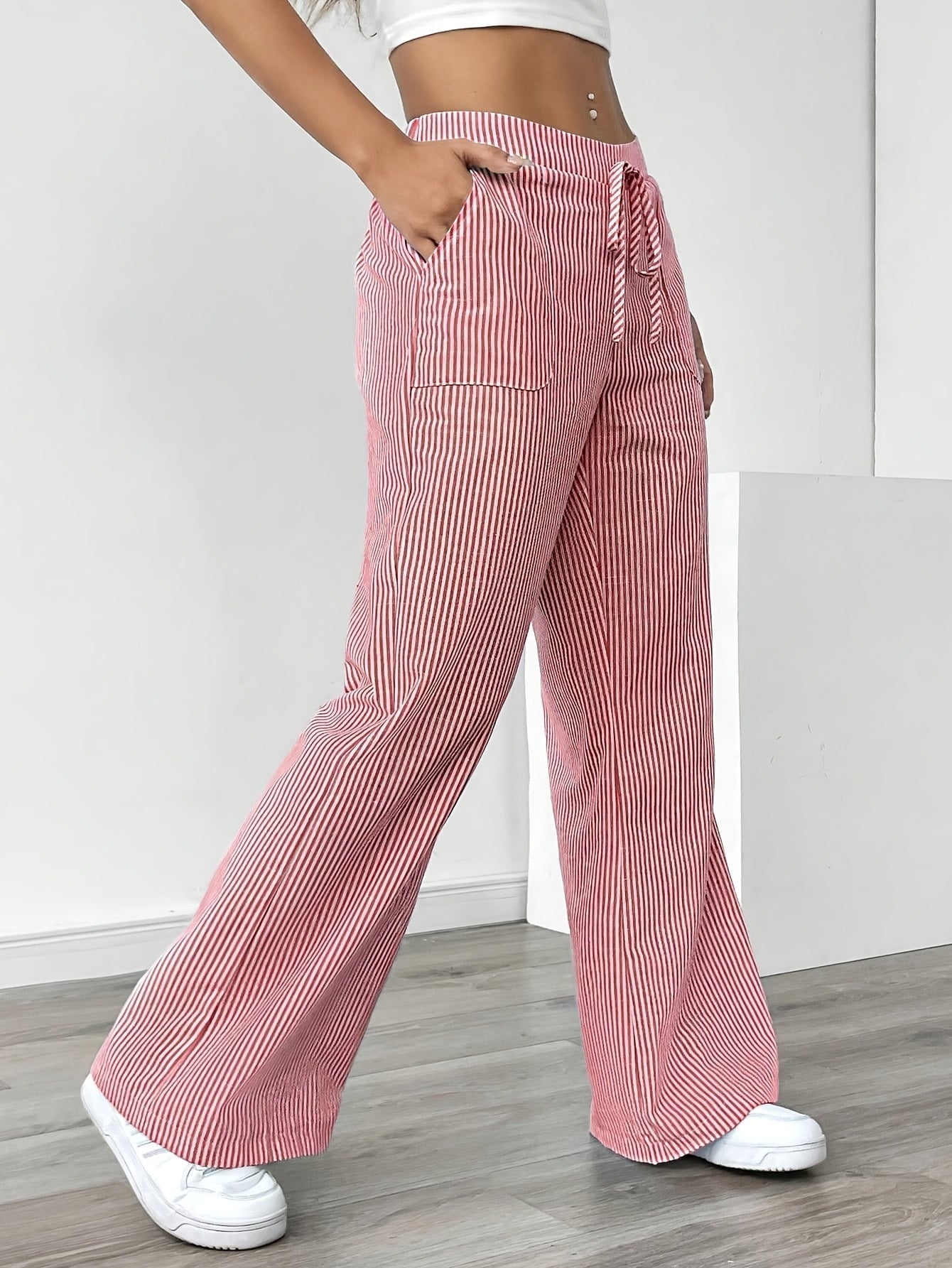 Relaxed Striped Wide Leg Linen Trousers with Drawstring Waist and Patch Pockets