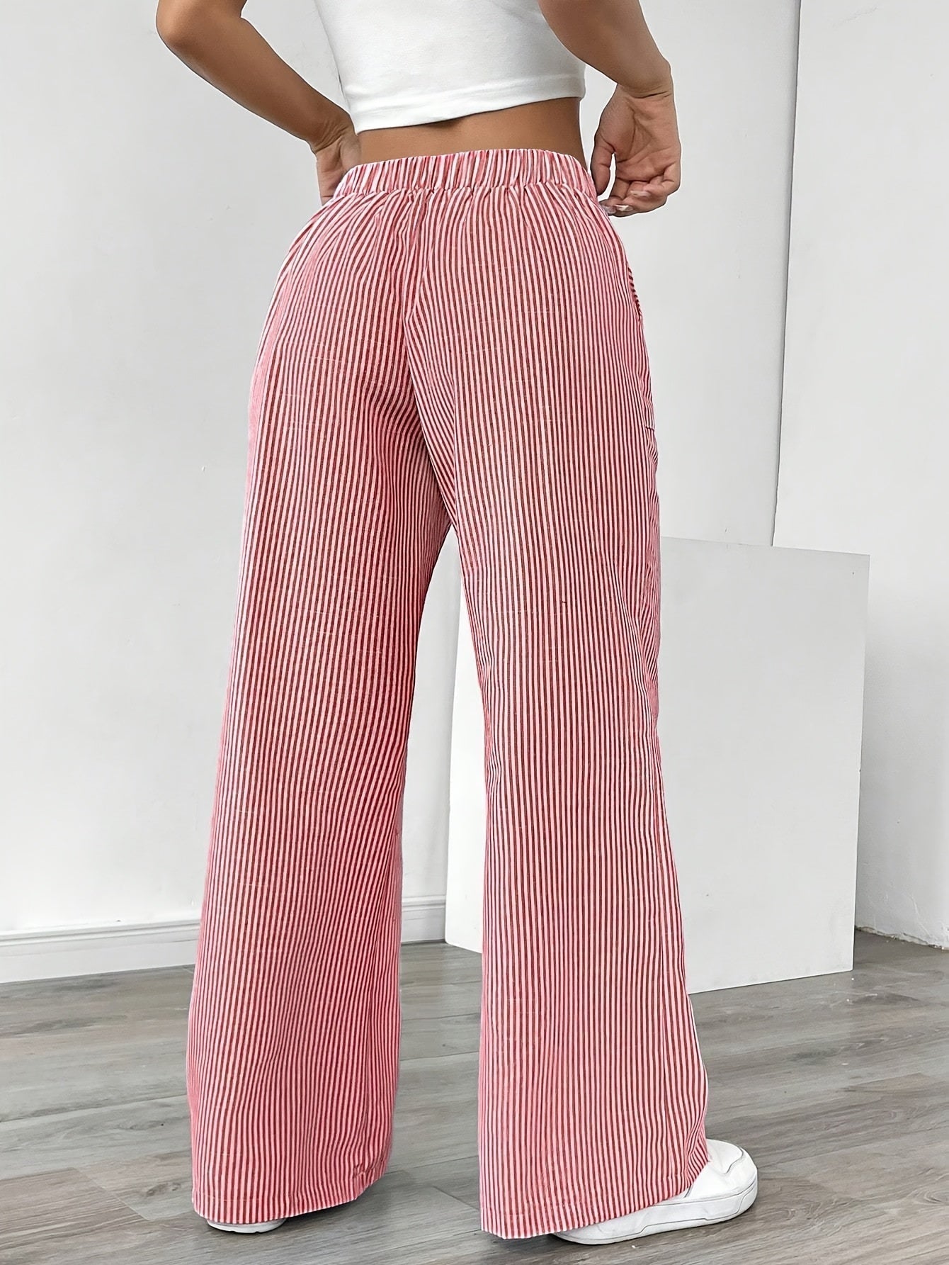 Relaxed Striped Wide Leg Linen Trousers with Drawstring Waist and Patch Pockets