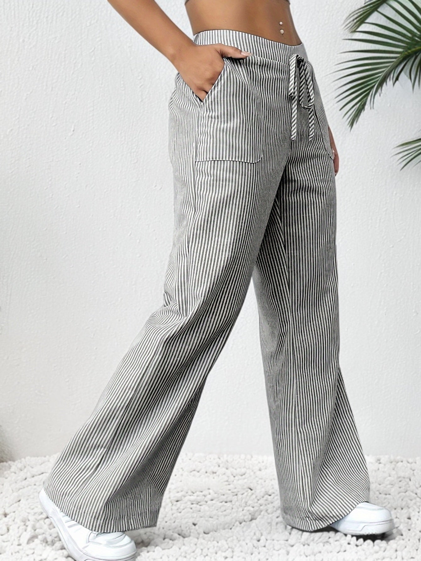 Relaxed Striped Wide Leg Linen Trousers with Drawstring Waist and Patch Pockets