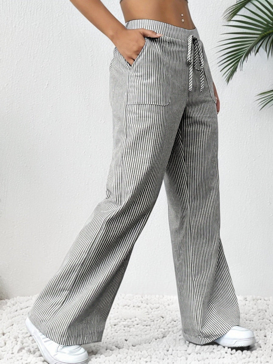 Relaxed Striped Wide Leg Linen Trousers with Drawstring Waist and Patch Pockets