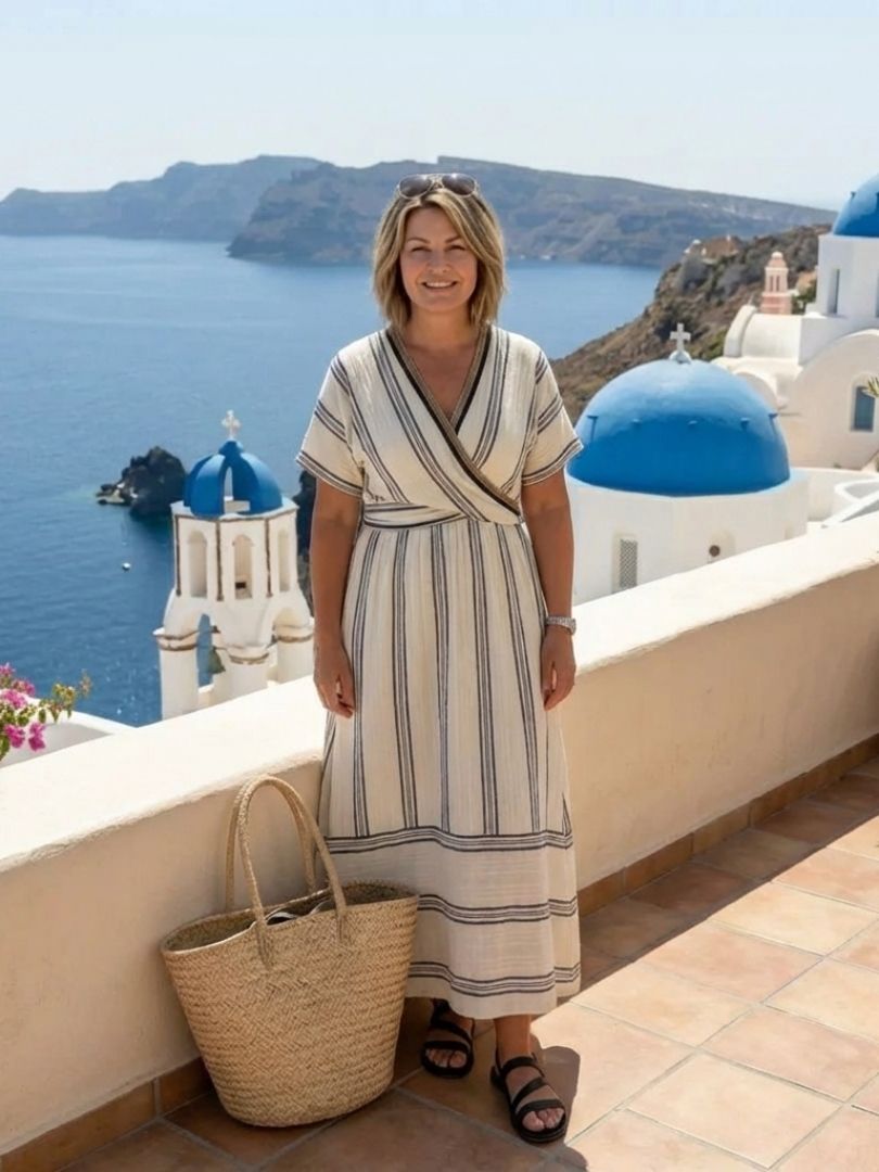 Relaxed Striped Wrap Maxi Dress with V-Neckline and Short Sleeves