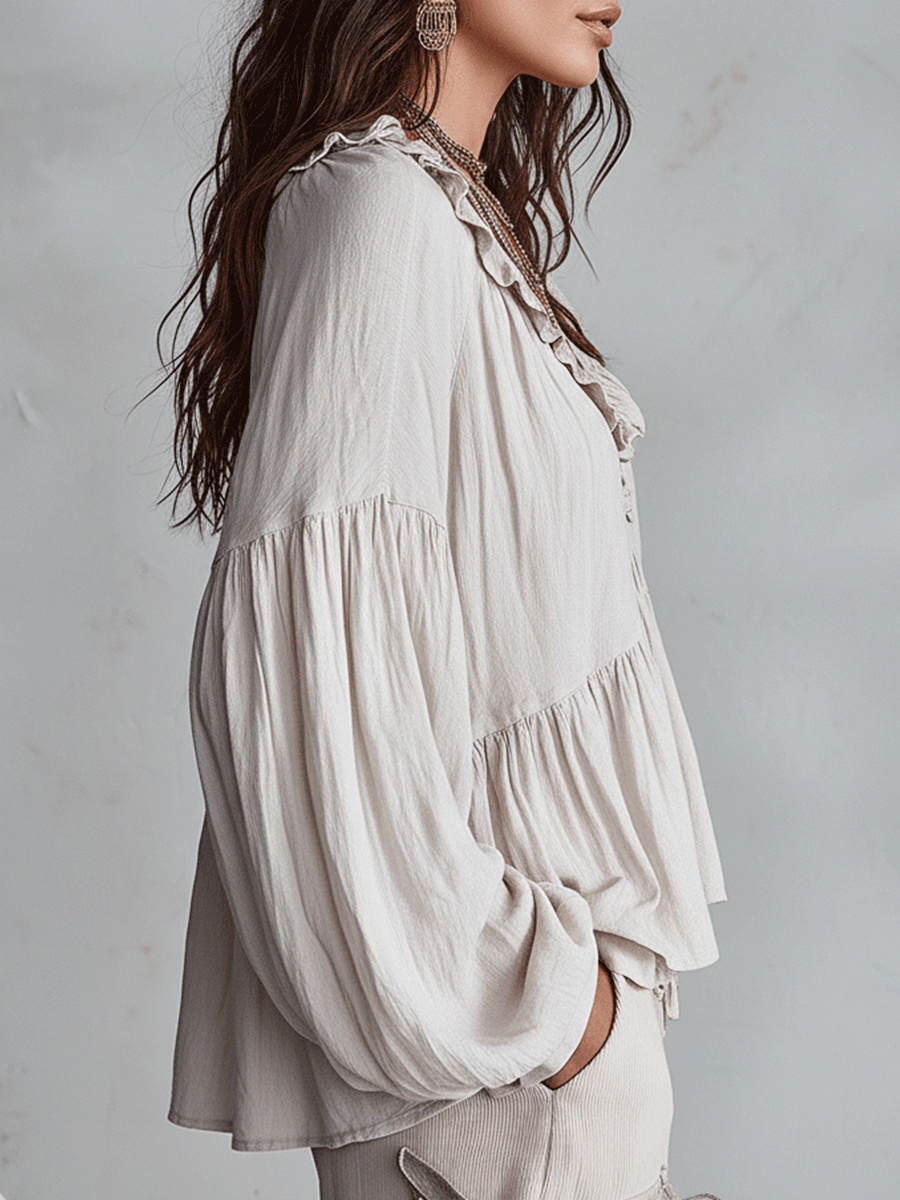 Relaxed Tiered Blouse with Ruffle V-Neckline and Puff Sleeves