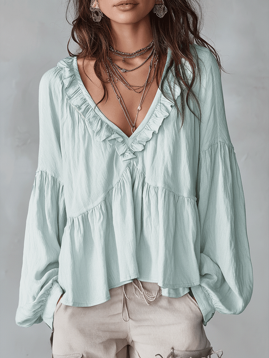Relaxed Tiered Blouse with Ruffle V-Neckline and Puff Sleeves