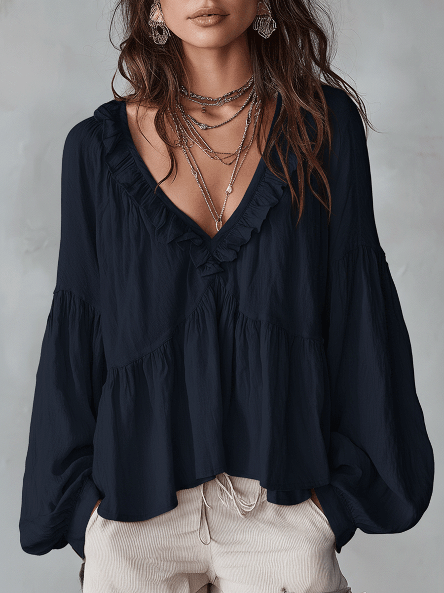 Relaxed Tiered Blouse with Ruffle V-Neckline and Puff Sleeves