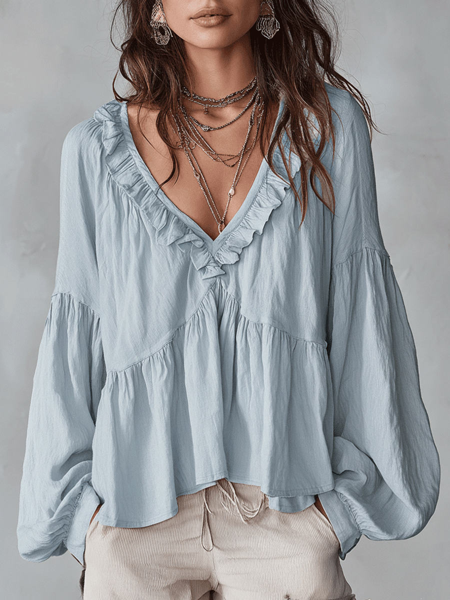 Relaxed Tiered Blouse with Ruffle V-Neckline and Puff Sleeves
