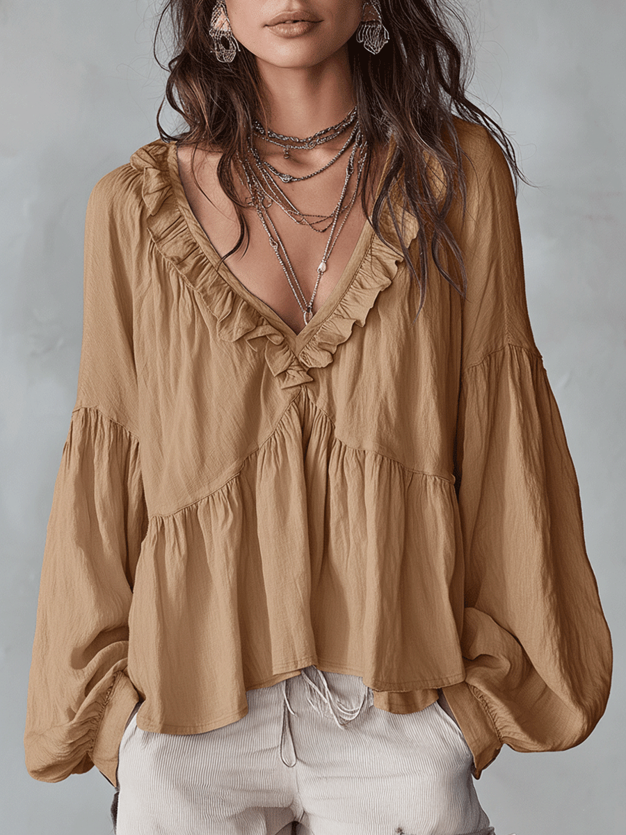 Relaxed Tiered Blouse with Ruffle V-Neckline and Puff Sleeves