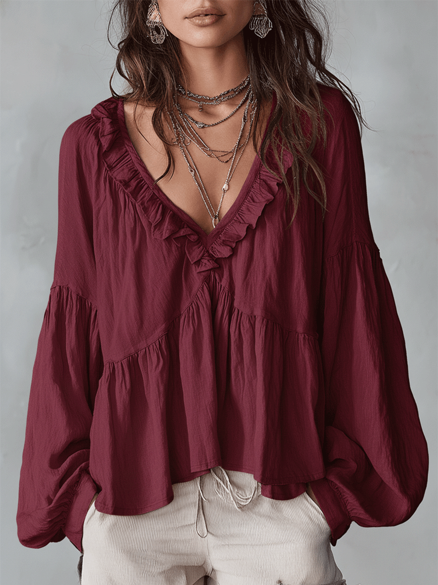Relaxed Tiered Blouse with Ruffle V-Neckline and Puff Sleeves