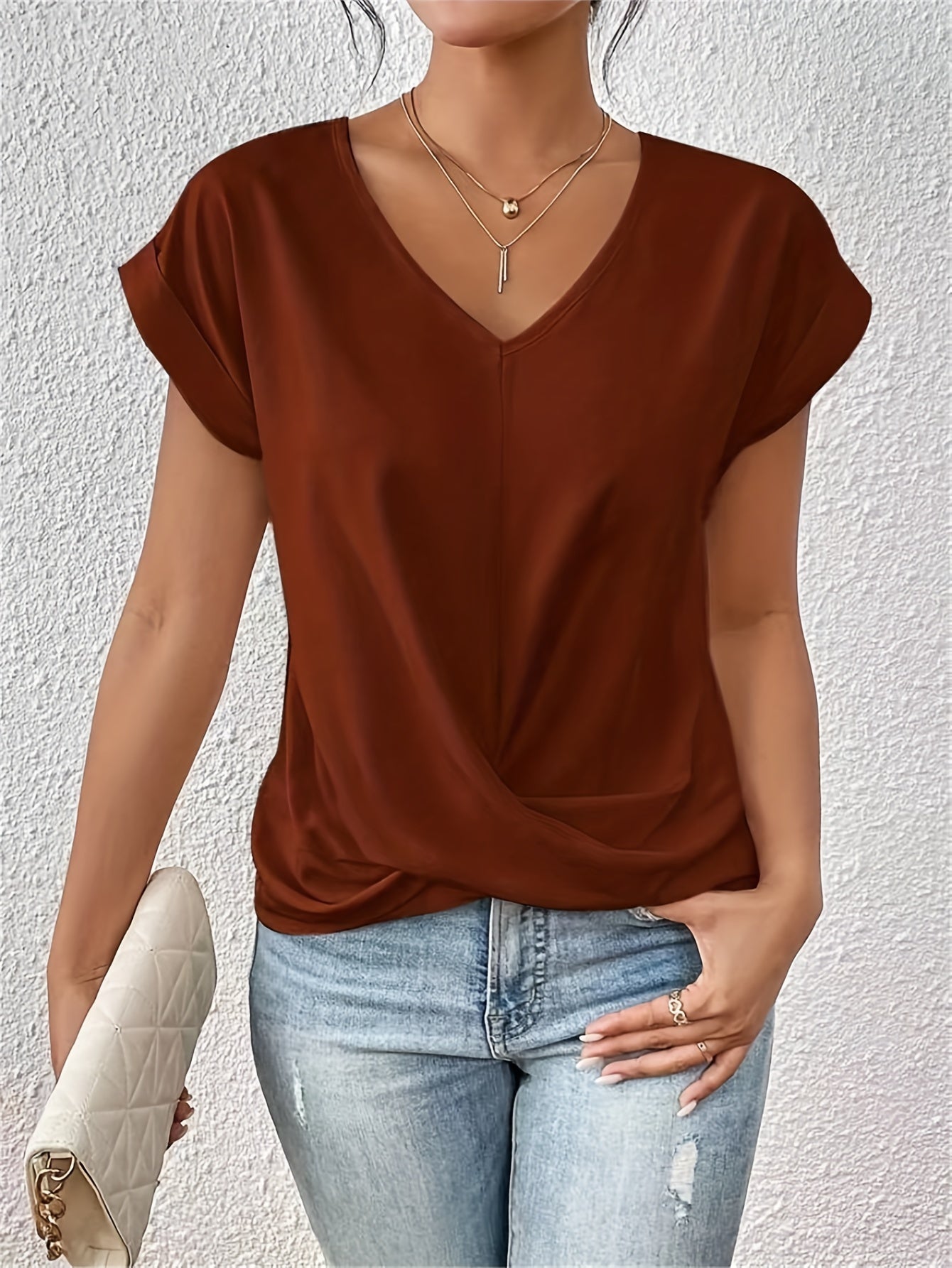Relaxed Top with Twist Front Detail and V-Neckline