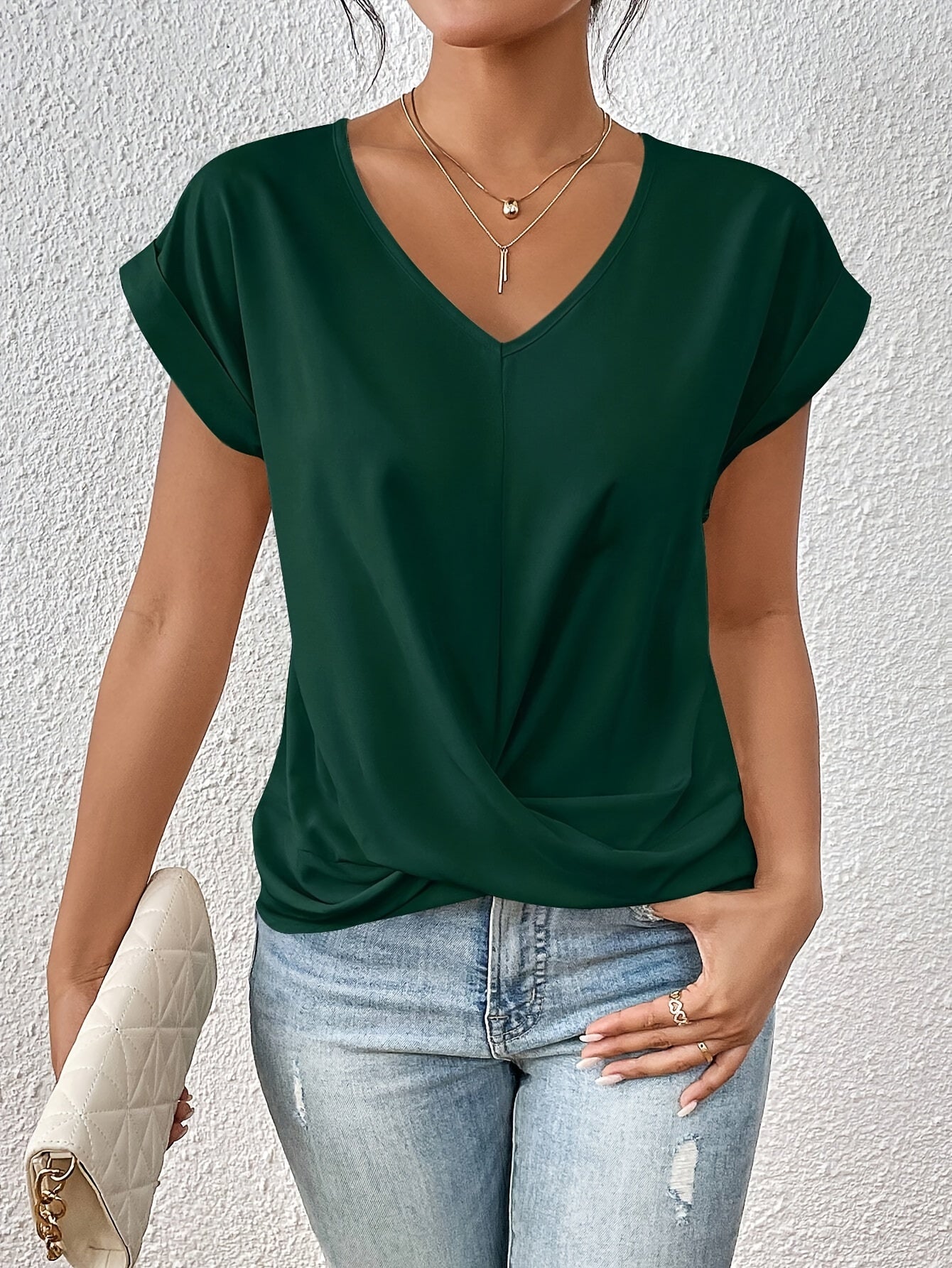 Relaxed Top with Twist Front Detail and V-Neckline
