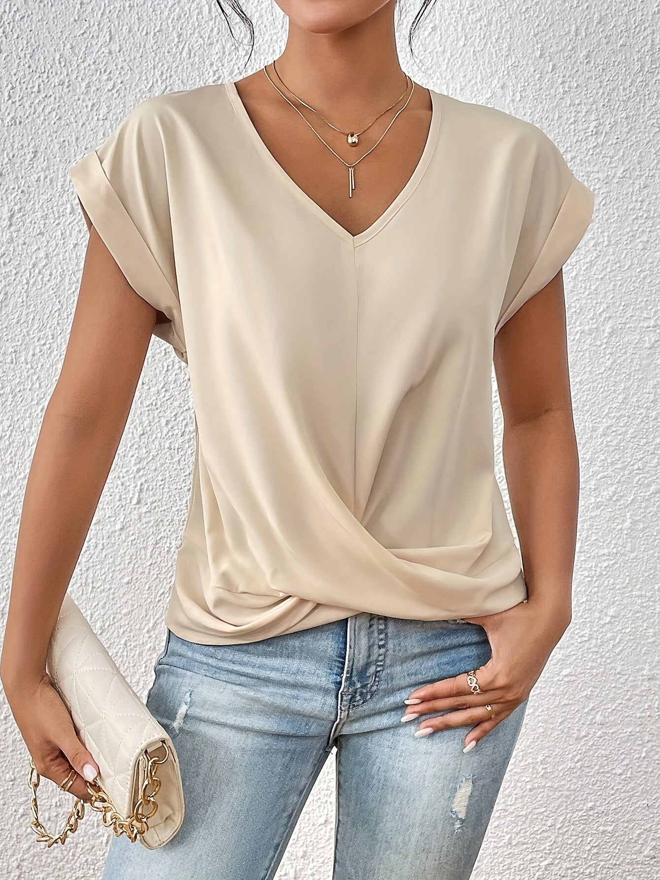 Relaxed Top with Twist Front Detail and V-Neckline