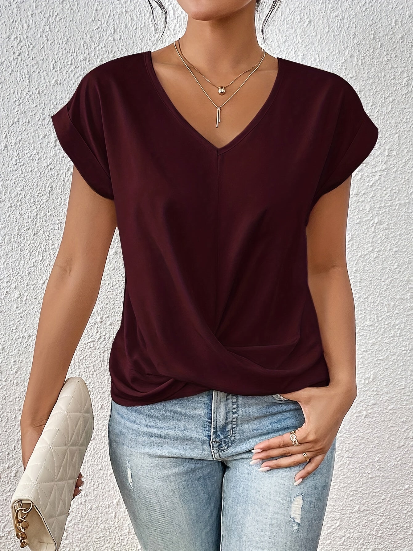 Relaxed Top with Twist Front Detail and V-Neckline