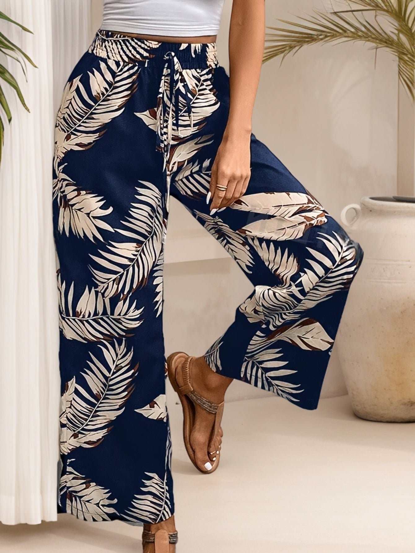 Relaxed Tropical Print Wide Leg Trousers with Drawstring Waist