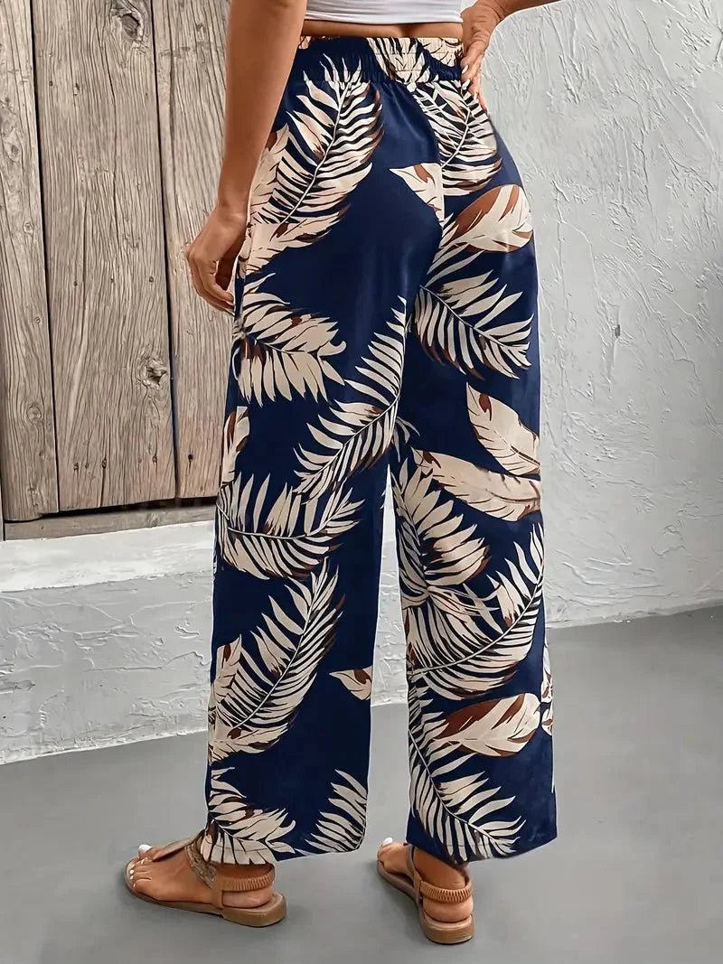 Relaxed Tropical Print Wide Leg Trousers with Drawstring Waist