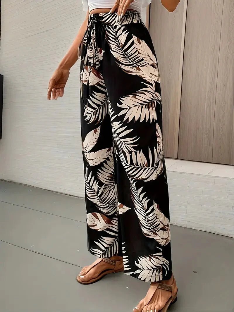 Relaxed Tropical Print Wide Leg Trousers with Drawstring Waist